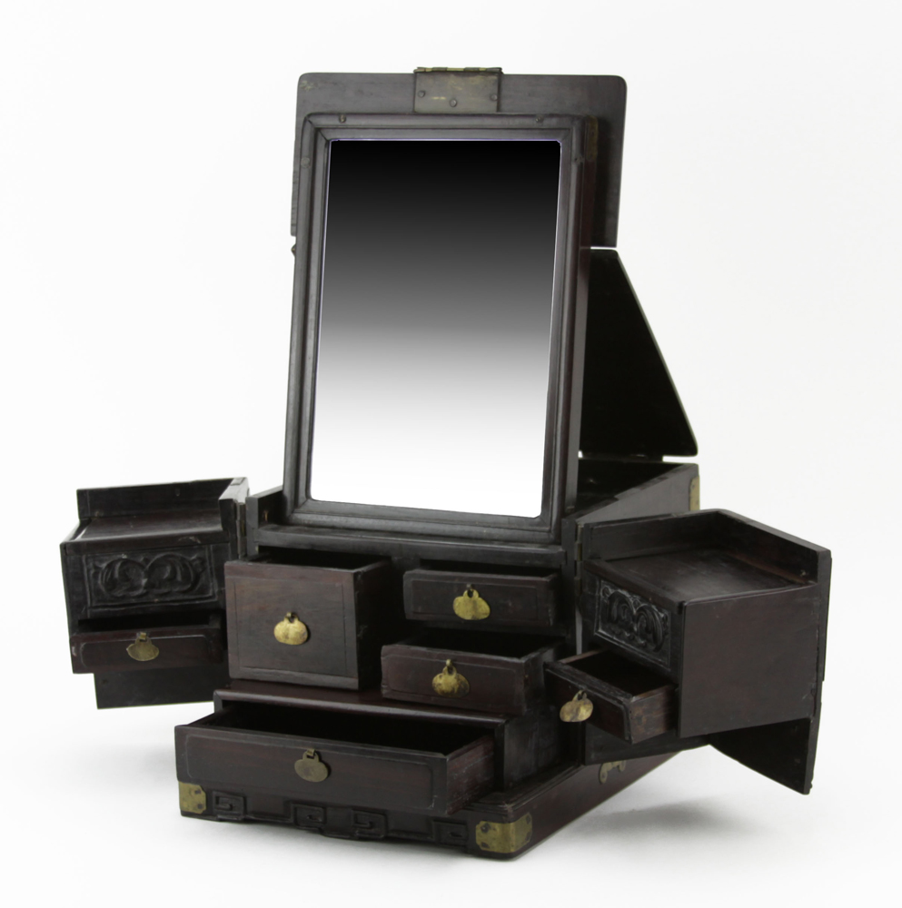 19th Century Chinese Rosewood Jewelry Box with Mirror