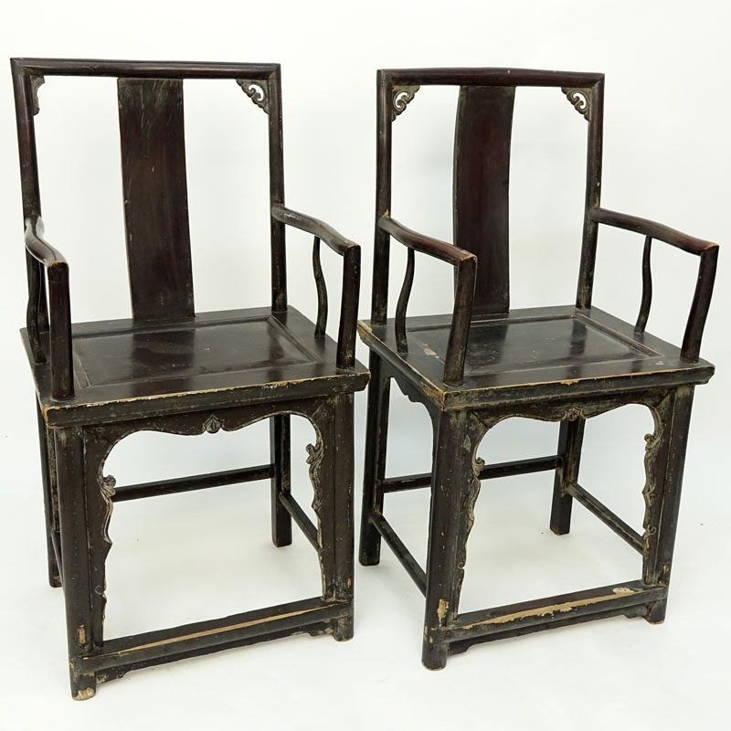 Pair of 19th Century Chinese Southern Official Style Wooden Armchairs