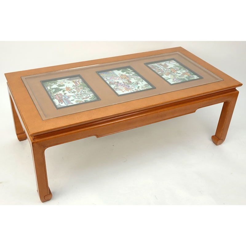 Mid Century Chinese Wooden Glass Top Coffee Table Mounted with Three Chinese Enamel Hand Painted Porcelain Plaques