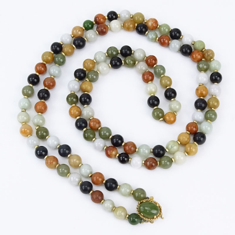 Vintage Multi Color Jade and Hardstone Bead Necklace with 14 Karat Yellow Gold Clasp