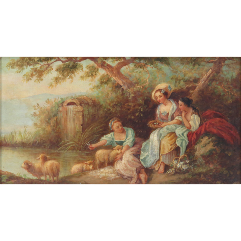In The Style Of John Honore Fragonard, French (1732-1806) Oil on board "Maiden's By The Waters Edge" Unsigned