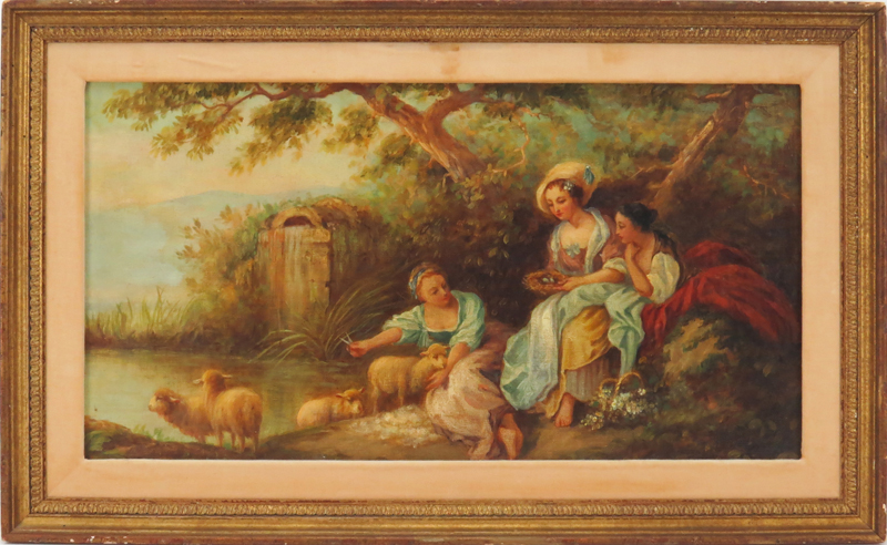 In The Style Of John Honore Fragonard, French (1732-1806) Oil on board "Maiden's By The Waters Edge" Unsigned