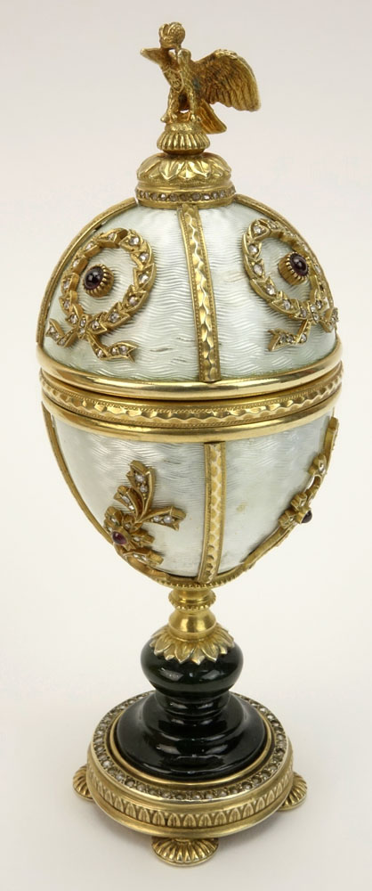 Early 20th Century Russian 88 Silver, Nephrite Jade and Guilloche Enamel Egg with Rose Cut Diamond and Gemstone accents in fitted case signed Faberge