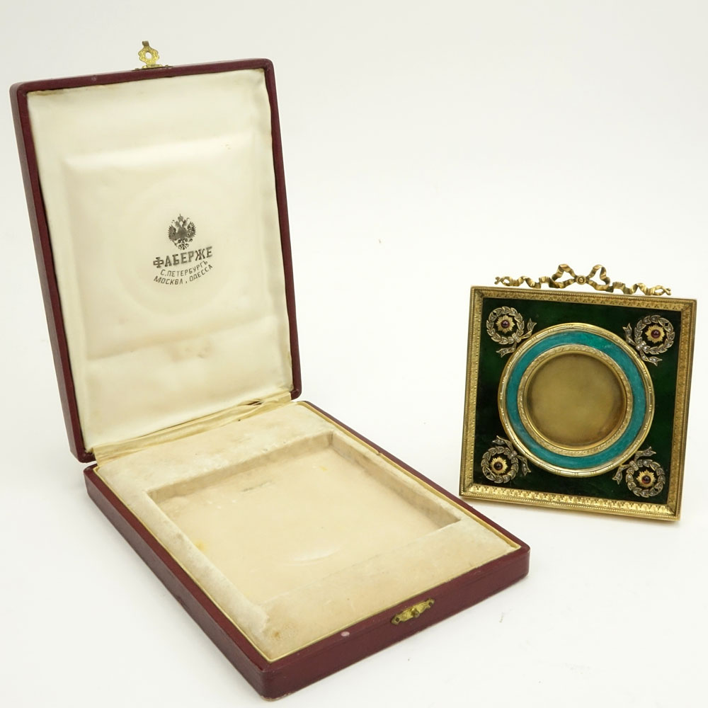 Early 20th Century Russian Nephrite Jade, Guilloche Enamel and 88 Silver Picture Frame with Rose Cut Diamond and Gem Stone accents in Fitted Case Signed Faberge