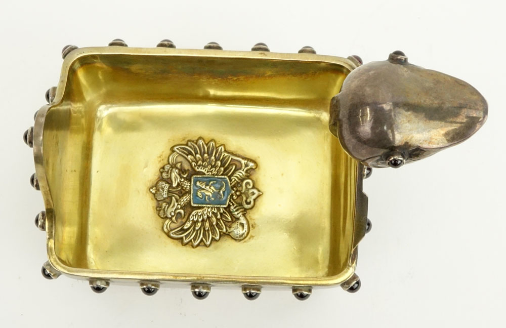 20th Century Russian 88 Silver Kovsh with Cabochon Garnets and Relief Double Eagle to Interior