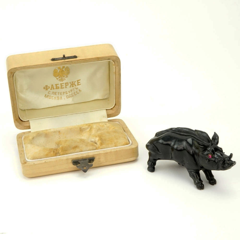 20th Century Russian Carved Obsidian Boar figure with Garnet Eyes in fitted box signed Faberge
