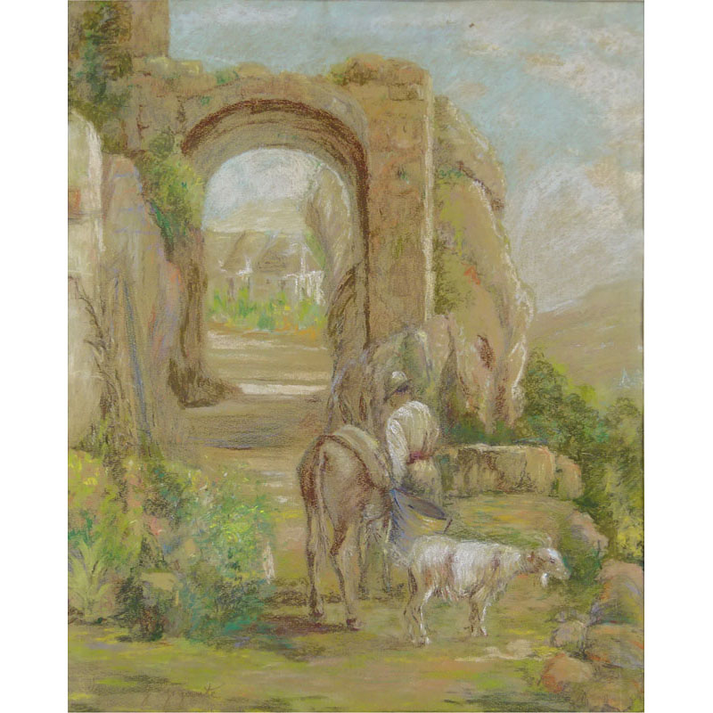 Giacinto Gigante, Italian (1806-1876) Pastel on paper "Pastoral Scene With Roman Ruins"