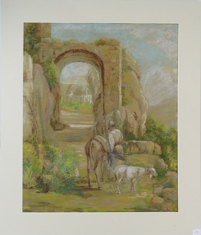 Giacinto Gigante, Italian (1806-1876) Pastel on paper "Pastoral Scene With Roman Ruins"