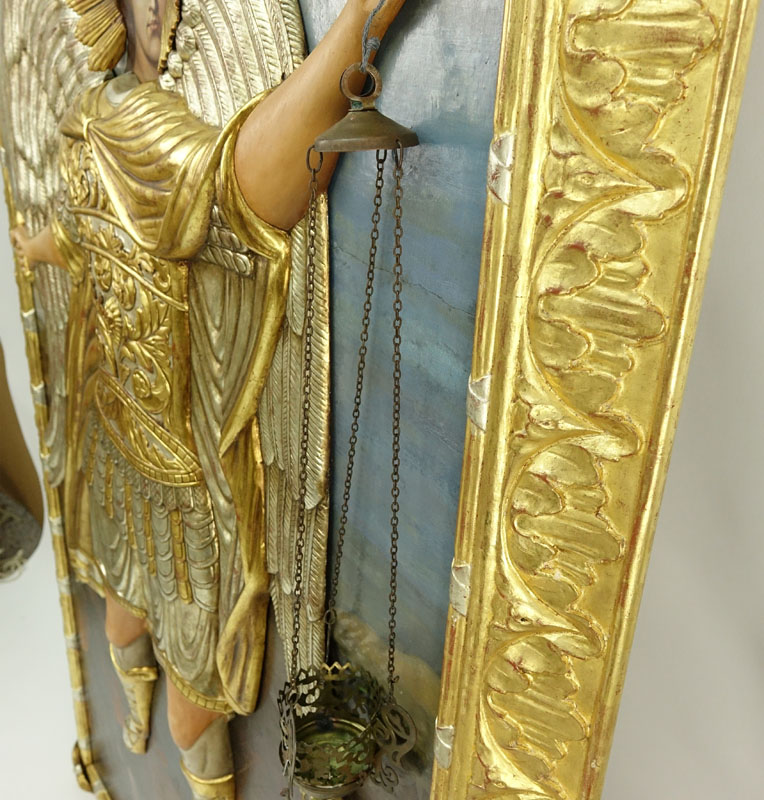 Large Russian Carved, Painted and Gilt Wood Icon with Lantern in Heavy Gilt Wood Frame, Michael the Archangel