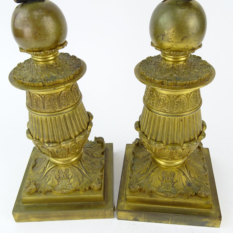 Pair of French 19th Century Charles X Patinated and Gilt Bronze Figural Four Light Candelabra