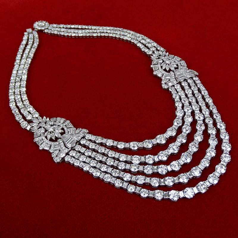 168.00 Carat Diamond and Platinum Necklace set with Old European Cut, Emerald Cut, Marquise Cut and Baguette Diamonds. 