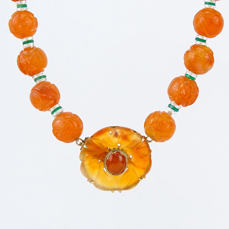 Art Deco Carved Carnelian, Rock Crystal, Chrysoprase and 14 Karat Yellow Gold Necklace