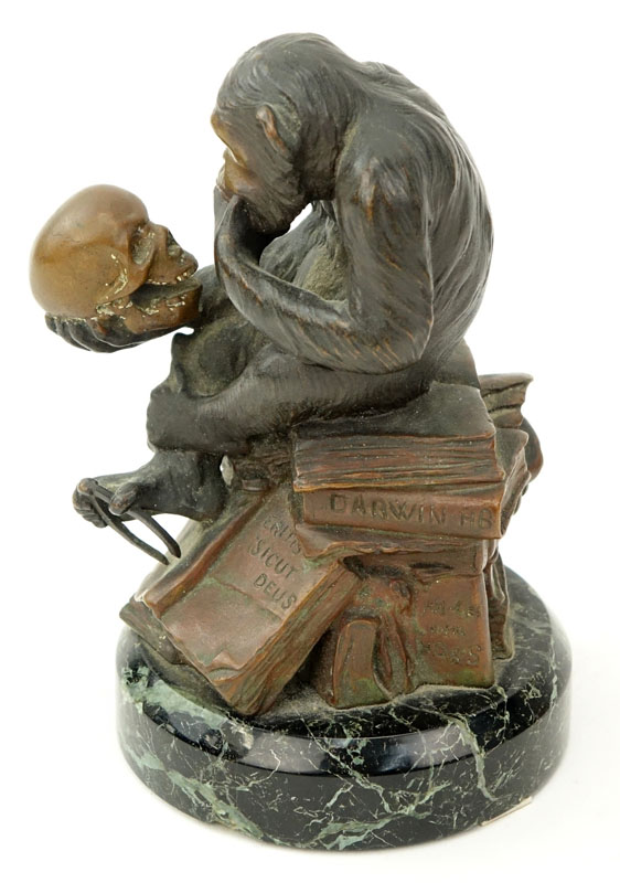 After: Hugo Wolfgang Rheinhold, German (19/20th C) Miniature bronze sculpture on marble base "Philosophizing Monkey" Signed