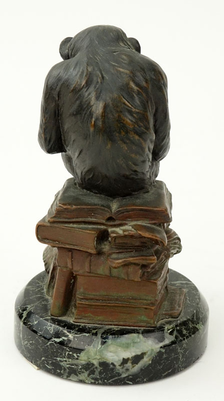 After: Hugo Wolfgang Rheinhold, German (19/20th C) Miniature bronze sculpture on marble base "Philosophizing Monkey" Signed