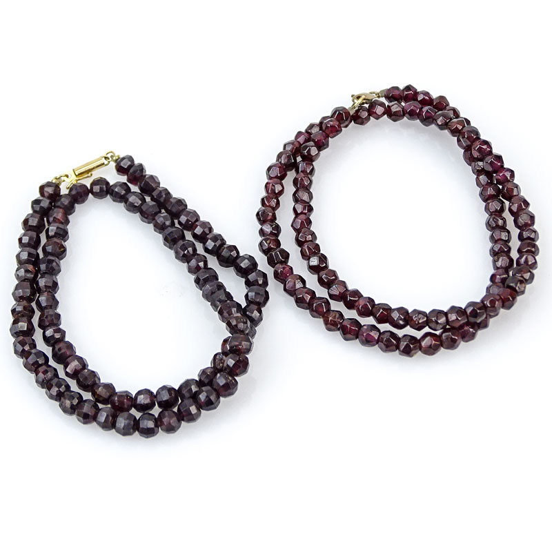 Two (2) Vintage Faceted Garnet Bead Necklaces, One with 14 Karat Yellow Gold Clasp