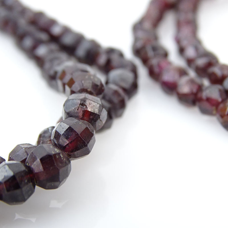Two (2) Vintage Faceted Garnet Bead Necklaces, One with 14 Karat Yellow Gold Clasp