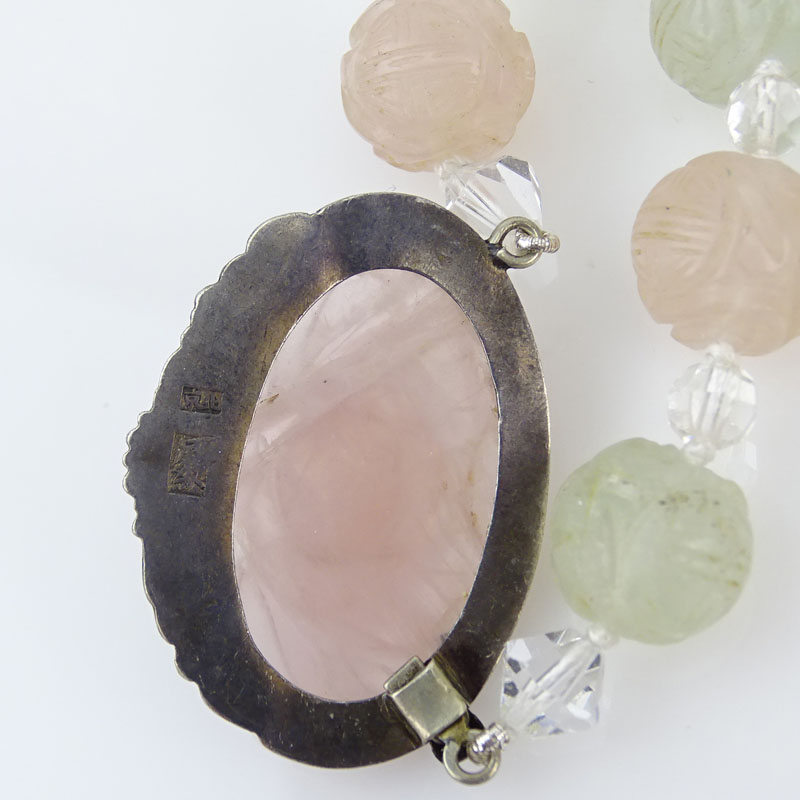 Two (2) Rose, Green and Rock Quartz Carved Bead Necklaces