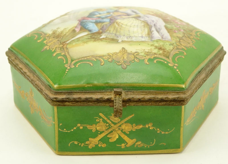 19th Century Sevres Green Glaze Bronze Mounted Octagonal Porcelain Box