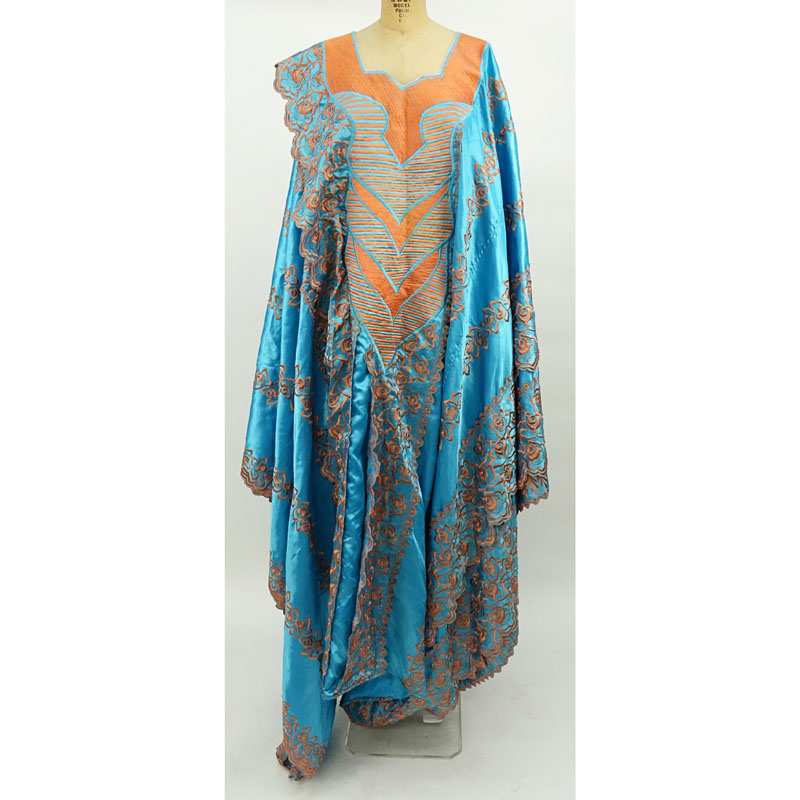 Middle Eastern Hand Embroidered Turquoise and Coral Colored Ceremonial Robe