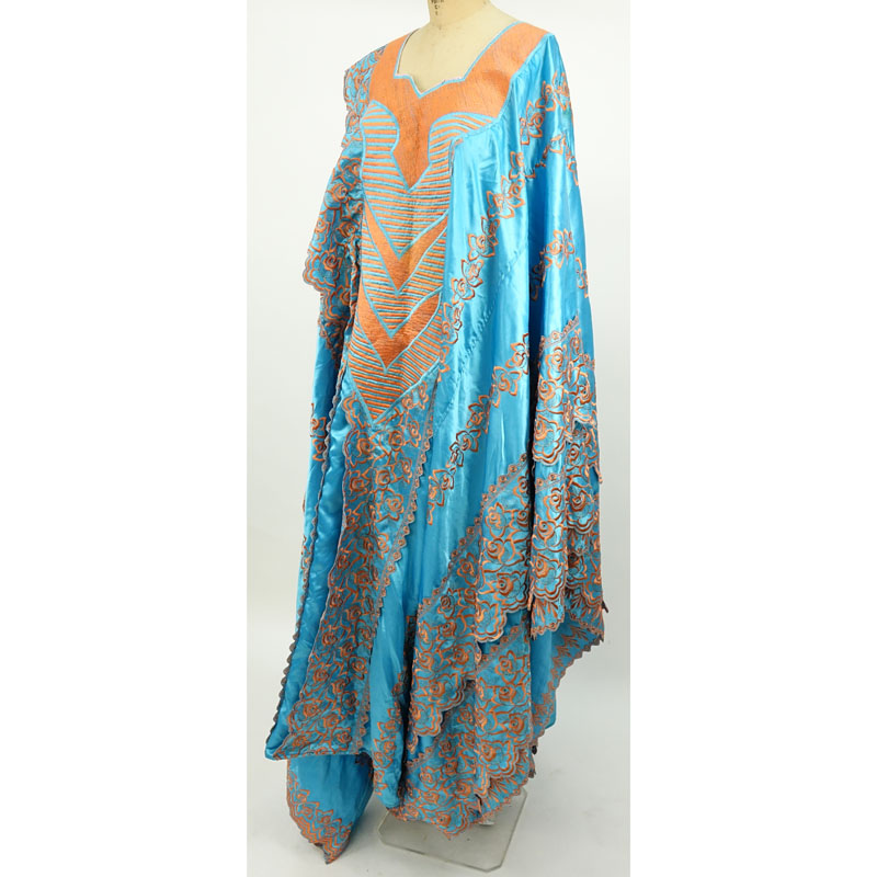 Middle Eastern Hand Embroidered Turquoise and Coral Colored Ceremonial Robe