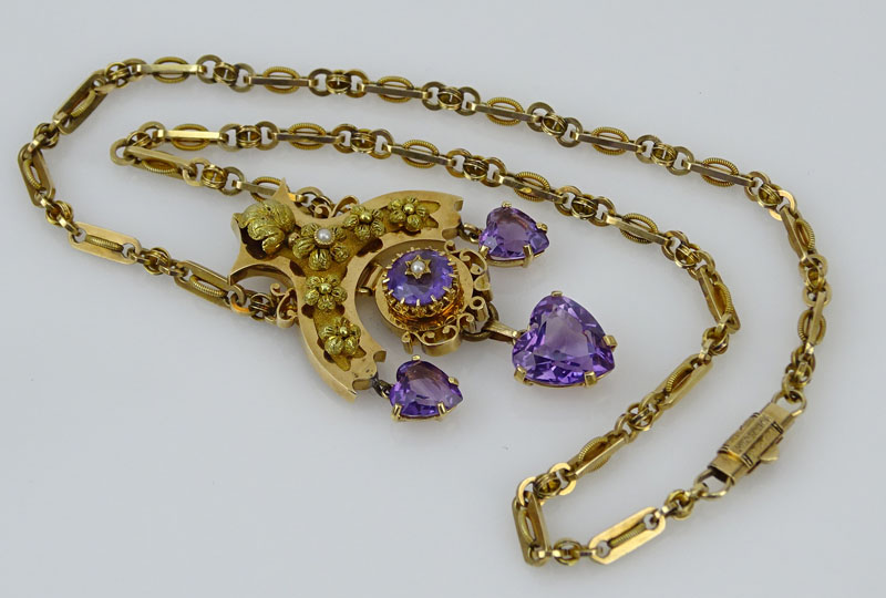 Victorian Egyptian Revival 14 Karat Yellow Gold, Amethyst and Pearl Pendant Necklace