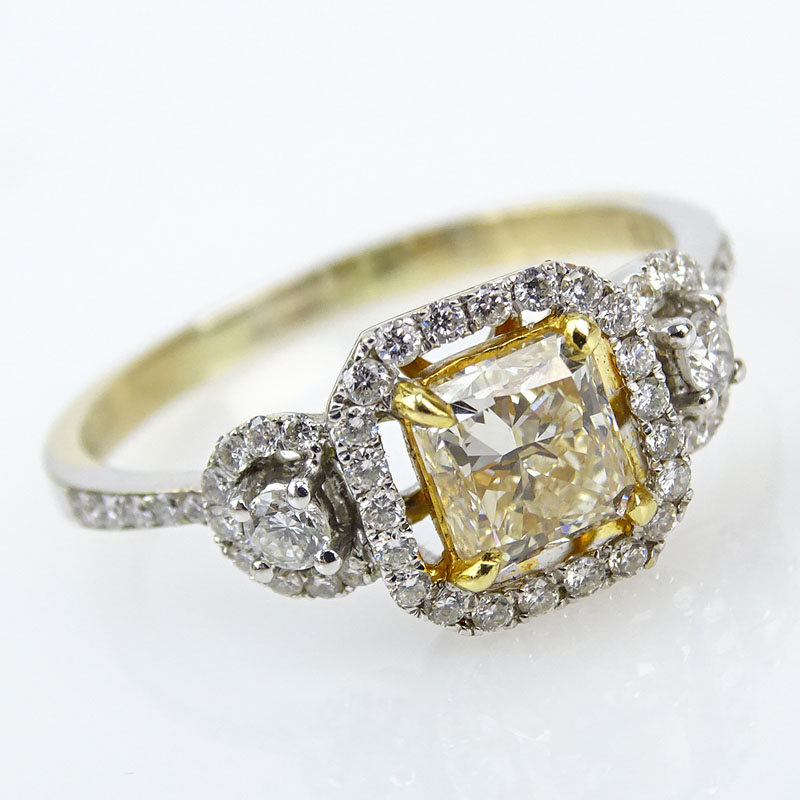1.21 Carat Fancy Yellow Princess Cushion Cut Diamond and 18 Karat Yellow Gold Engagement Ring
