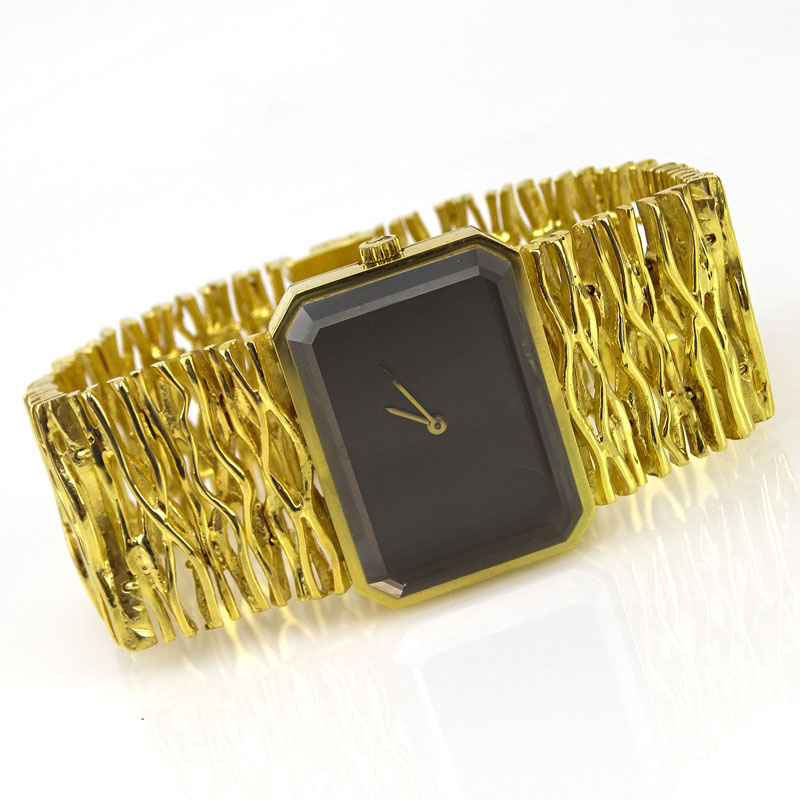Rare Circa 1965 Gilbert Albert Design 18 Karat Yellow Gold Omega d'Or Model Free Formed Bracelet Watch with Rock Crystal top