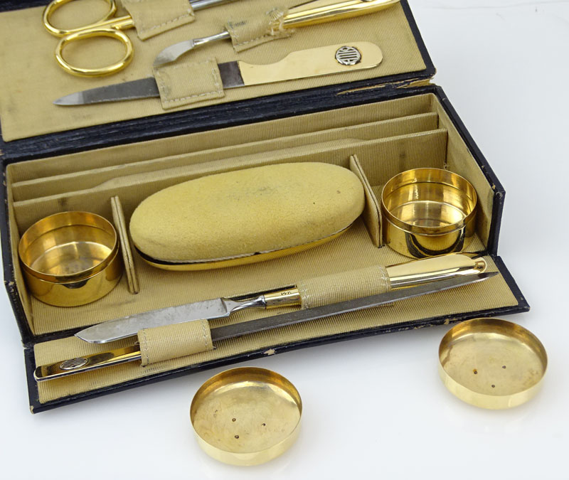 Fine and Rare Victorian for Cartier Seven (7) Piece 14 Karat Yellow Gold Travel Manicure Set in Fitted Box Plus Tiffany & Co 18 Karat Yellow Gold Handed Cuticle Scissors