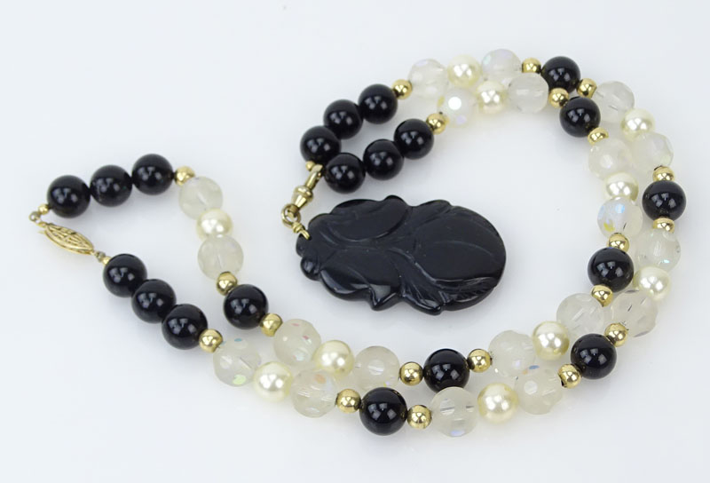 Black Onyx, Carved Crystal, Pearl and 14 Karat Yellow Gold Pendant Necklace