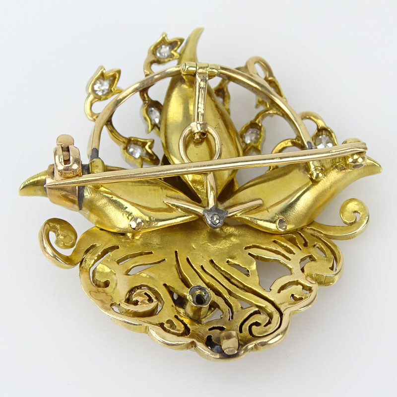 Antique Art Nouveau Old European Cut Diamond, 10 Karat Yellow Gold and Enamel Pendant Brooch