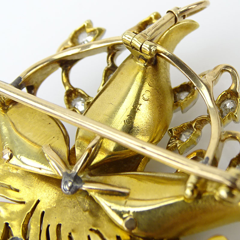 Antique Art Nouveau Old European Cut Diamond, 10 Karat Yellow Gold and Enamel Pendant Brooch