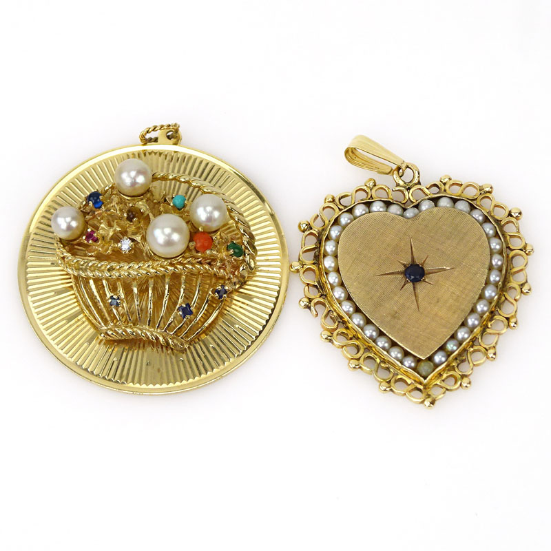 Two (2) Vintage 14 Karat Yellow Gold Charms/Pendants accented with gem stones, diamonds and pearls
