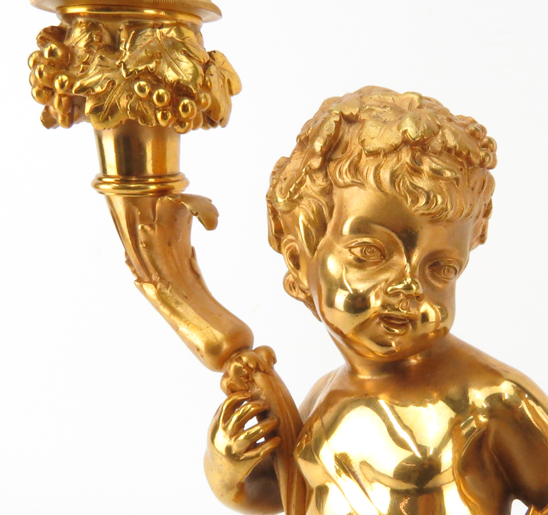 Late 19th Century Two Arm Gilt Bronze Putti Lamp on Marble Base