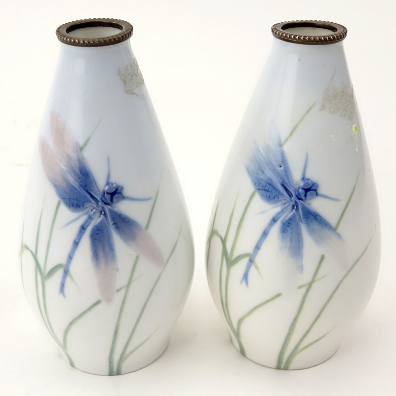 Pair of Pirkenhammer Art Nouveau Dragonfly Relief Porcelain Vases