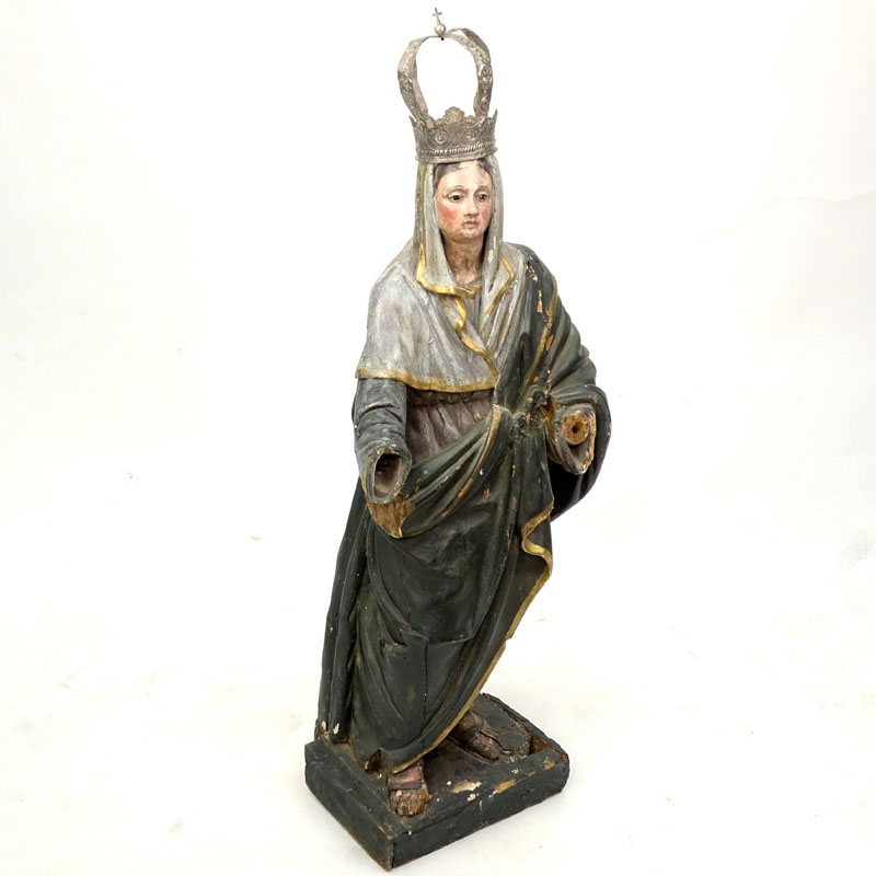 Late 18th or Early 19th Century Carved Wood Polychrome Madonna Sculpture with Silver Crown