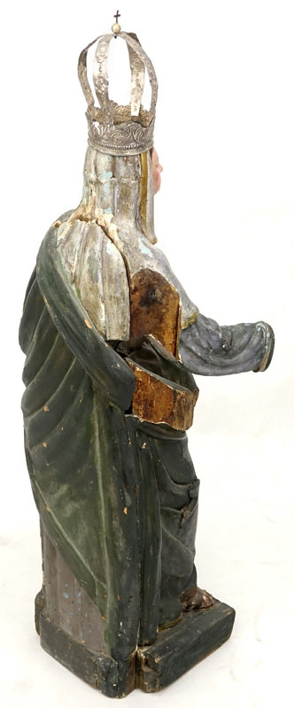 Late 18th or Early 19th Century Carved Wood Polychrome Madonna Sculpture with Silver Crown