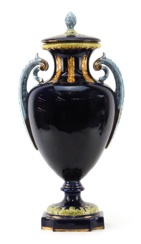 Antique Majolica Art Nouveau Style Cobalt Blue Pottery Covered Urn