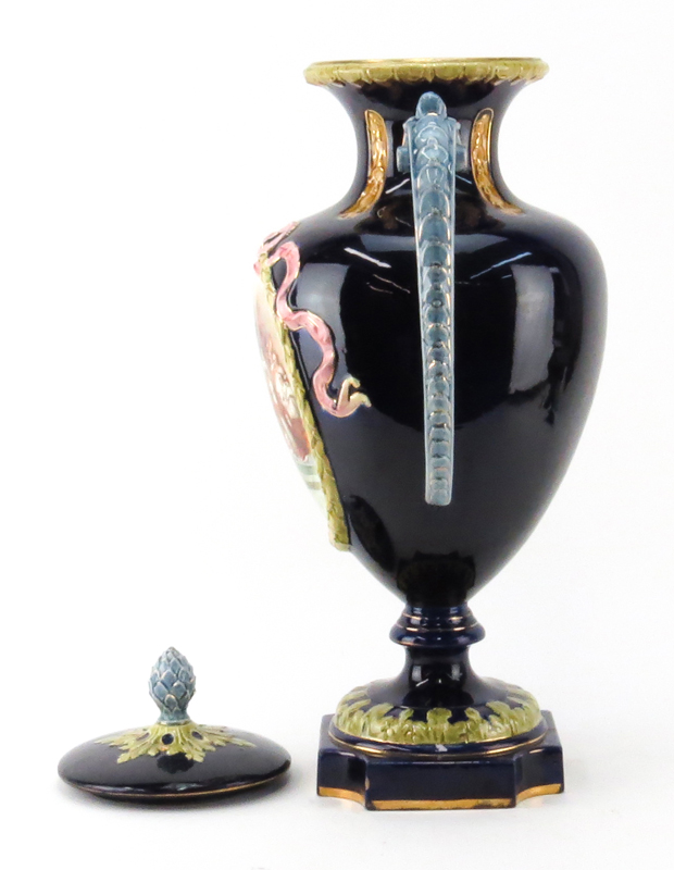 Antique Majolica Art Nouveau Style Cobalt Blue Pottery Covered Urn