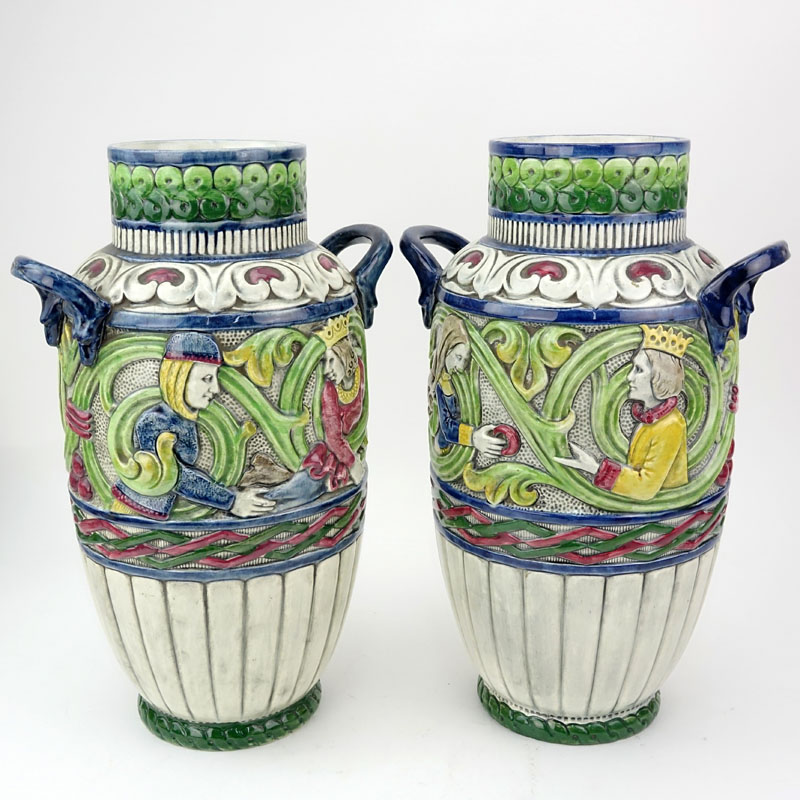 Pair of Antique Teplitz Amphora Polychrome Art Nouveau Pottery Vases