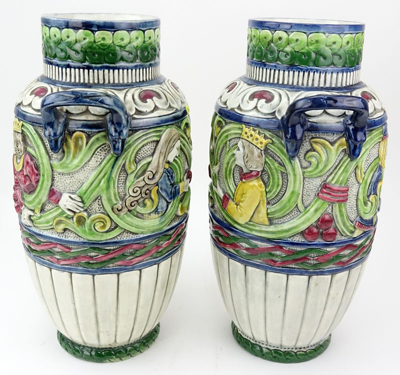 Pair of Antique Teplitz Amphora Polychrome Art Nouveau Pottery Vases