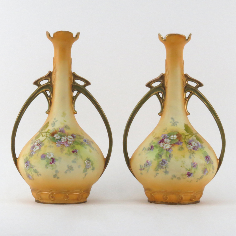 Pair of Casa Renacimiento Amphora Art Nouveau Hand Painted Double Handled Vases