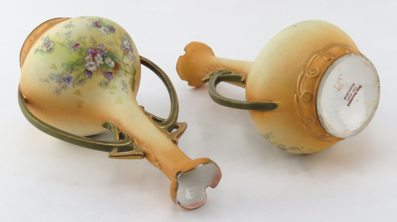 Pair of Casa Renacimiento Amphora Art Nouveau Hand Painted Double Handled Vases