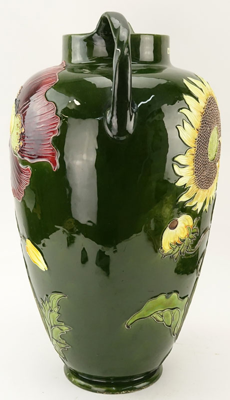 Julius B. Dressler Art Nouveau Majolica Handled Pottery Vase.