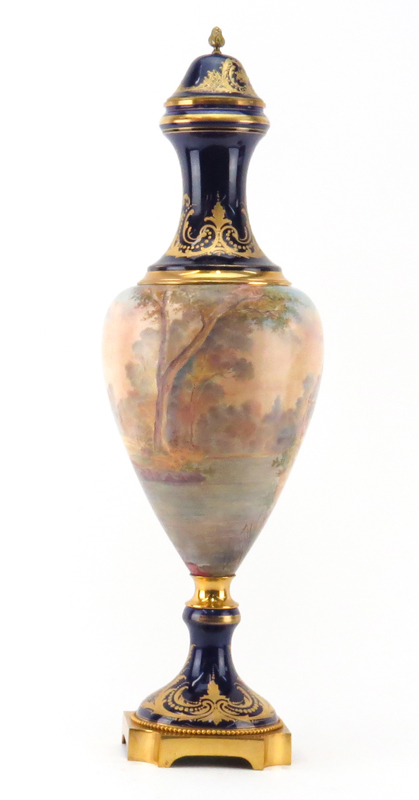 Early 20th Century Sevres Style Cobalt Blue and Gilt Porcelain Covered Urn