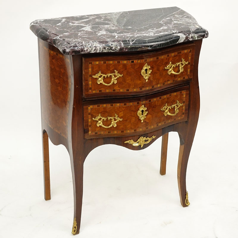 Early 20th Century Louis XV Style Parquetry Inlaid Marble Top Commode