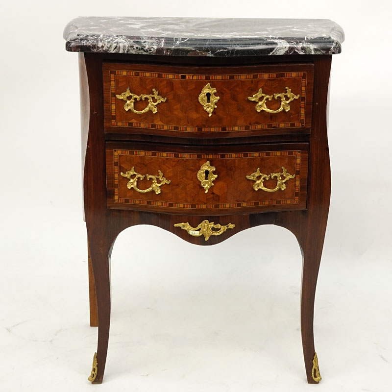 Early 20th Century Louis XV Style Parquetry Inlaid Marble Top Commode