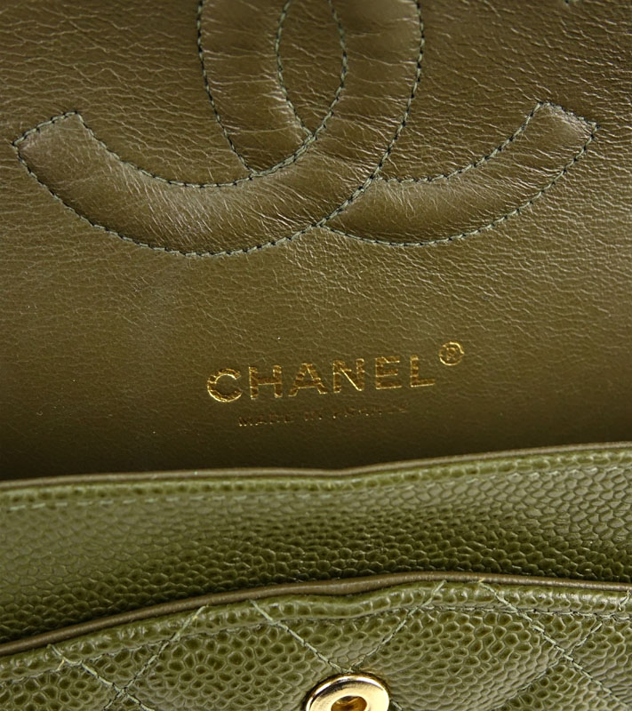 Chanel Olive Green Quilted Caviar Leather Double Flap Bag