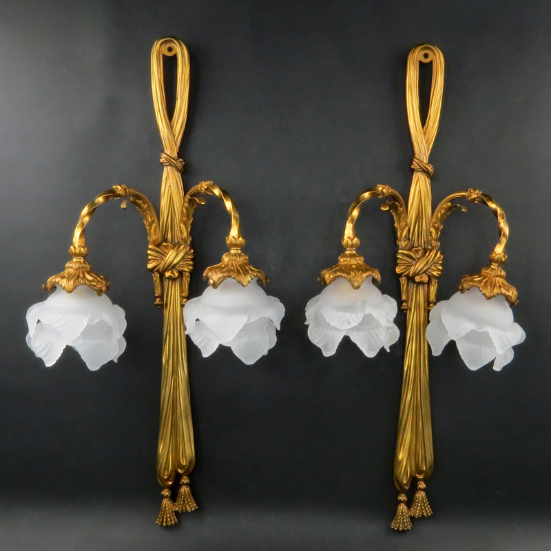 Pair of French Louis XVI Style Gilt Bronze Two Arm Wall Sconces