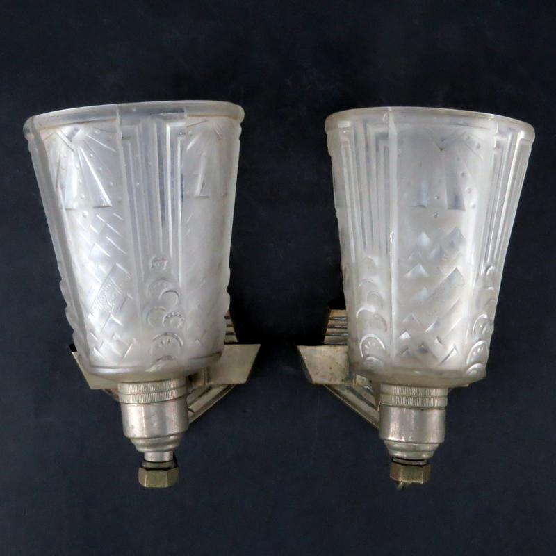 Pair of French Art Deco Sabino Style Frosted Glass Wall Sconces