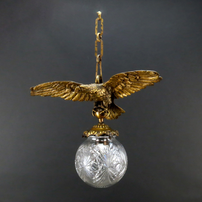 Vintage Gilt Bronze Imperial Eagle Chandelier with Cut Crystal Shade